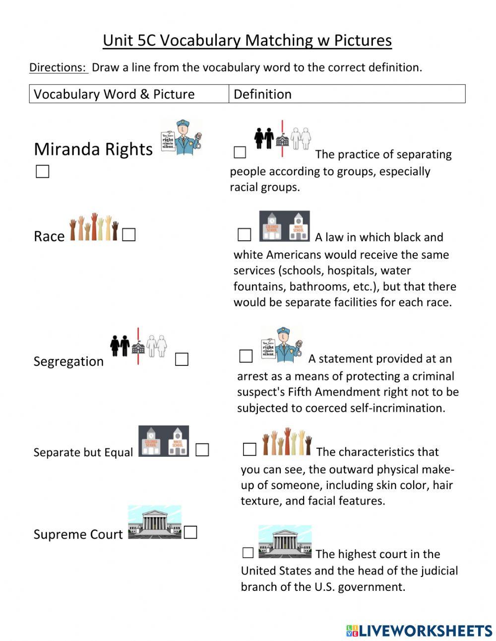 Unit 5C Supreme Court Vocabulary Matching with Pictures