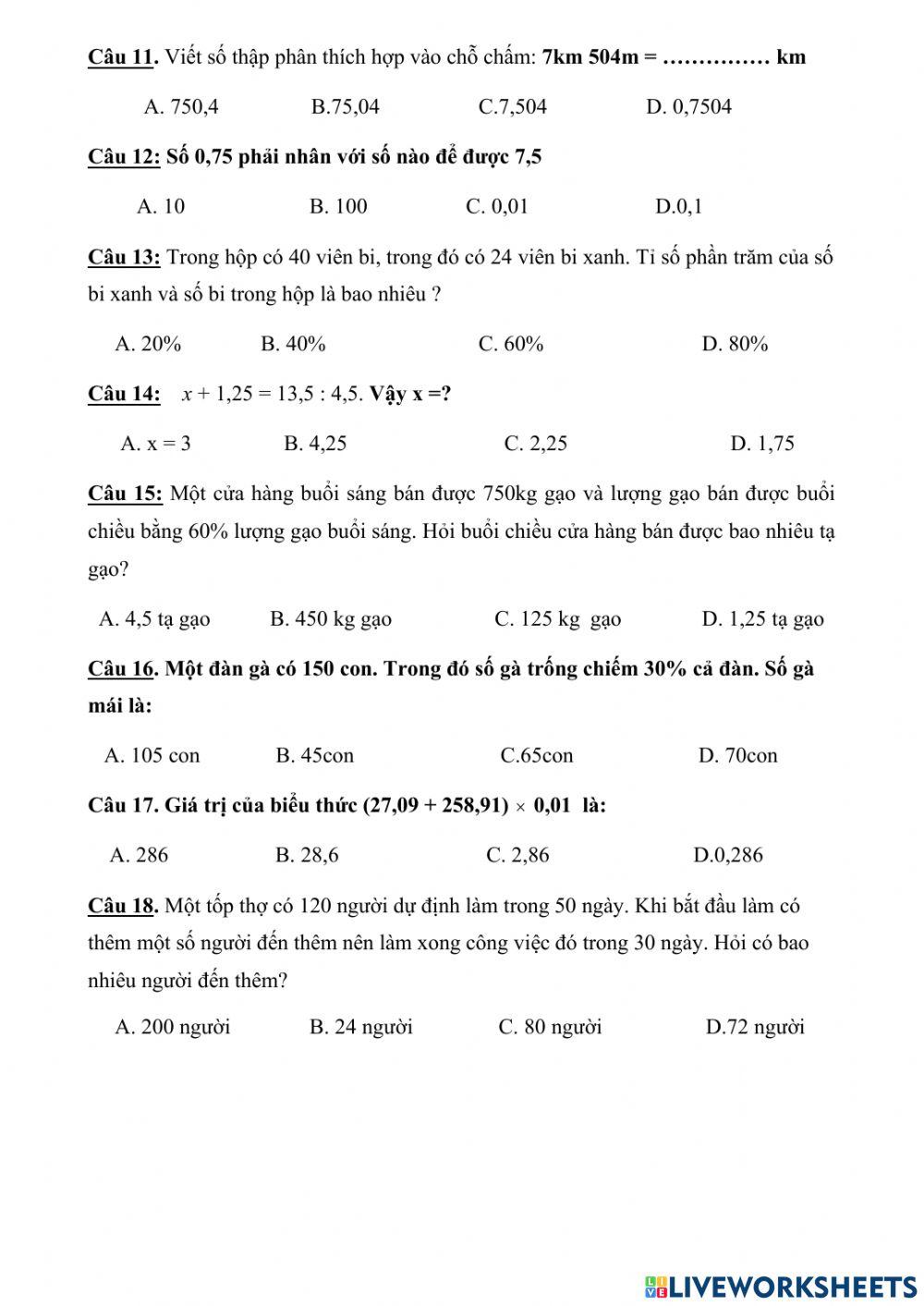 Đề kiểm tra thử Toán 5