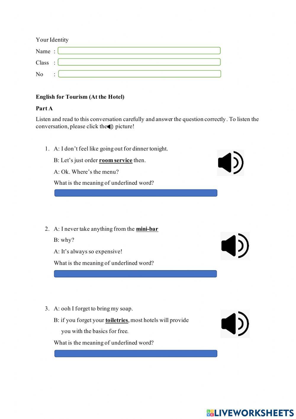 Worksheet English for Tourism