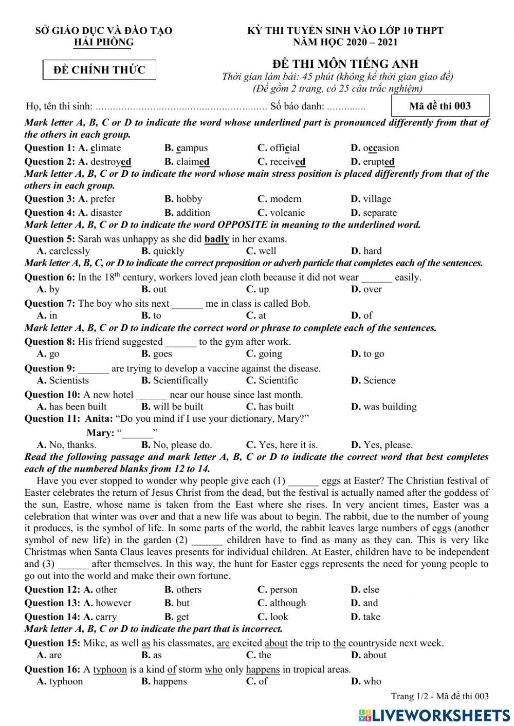 Official test 2020 - High school entrance exam