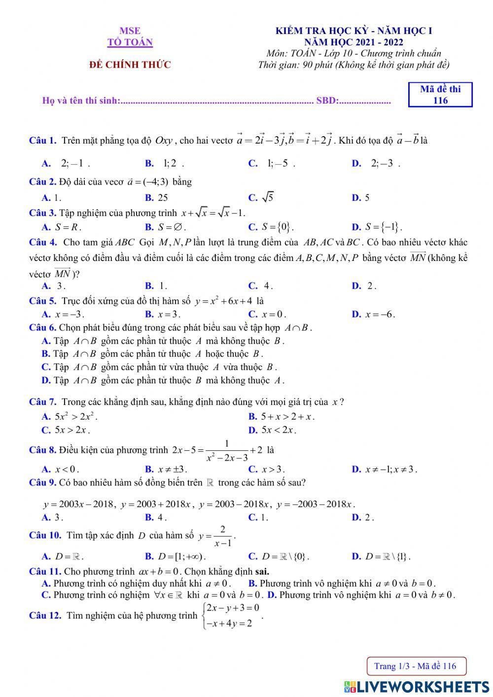 Toán 10 - Kiểm tra CK1 - Đề số 116