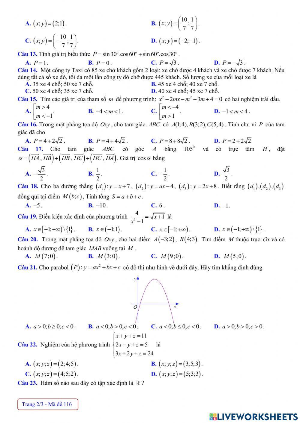 Toán 10 - Kiểm tra CK1 - Đề số 116