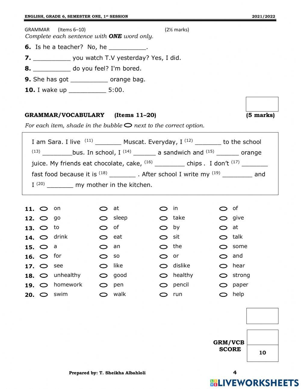 Grade 6 final Exam 2021