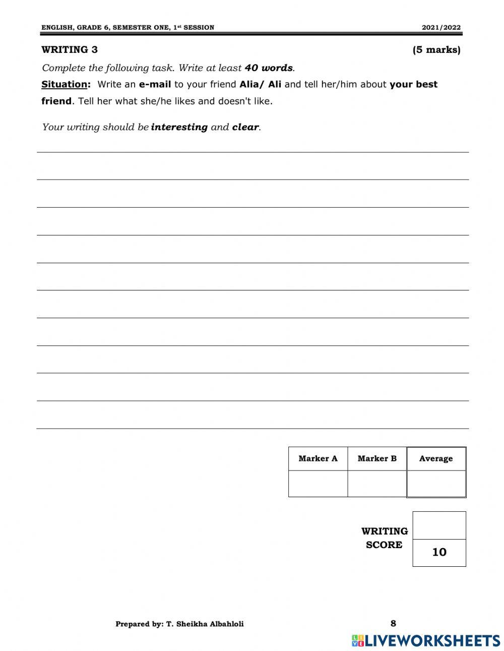 Grade 6 final Exam 2021