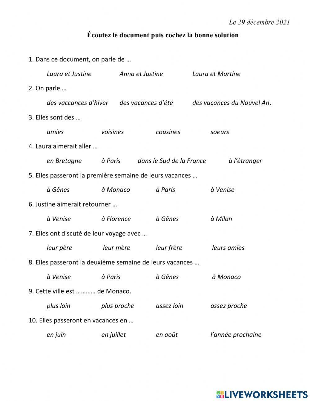 Comprehension orale-projet de vacances