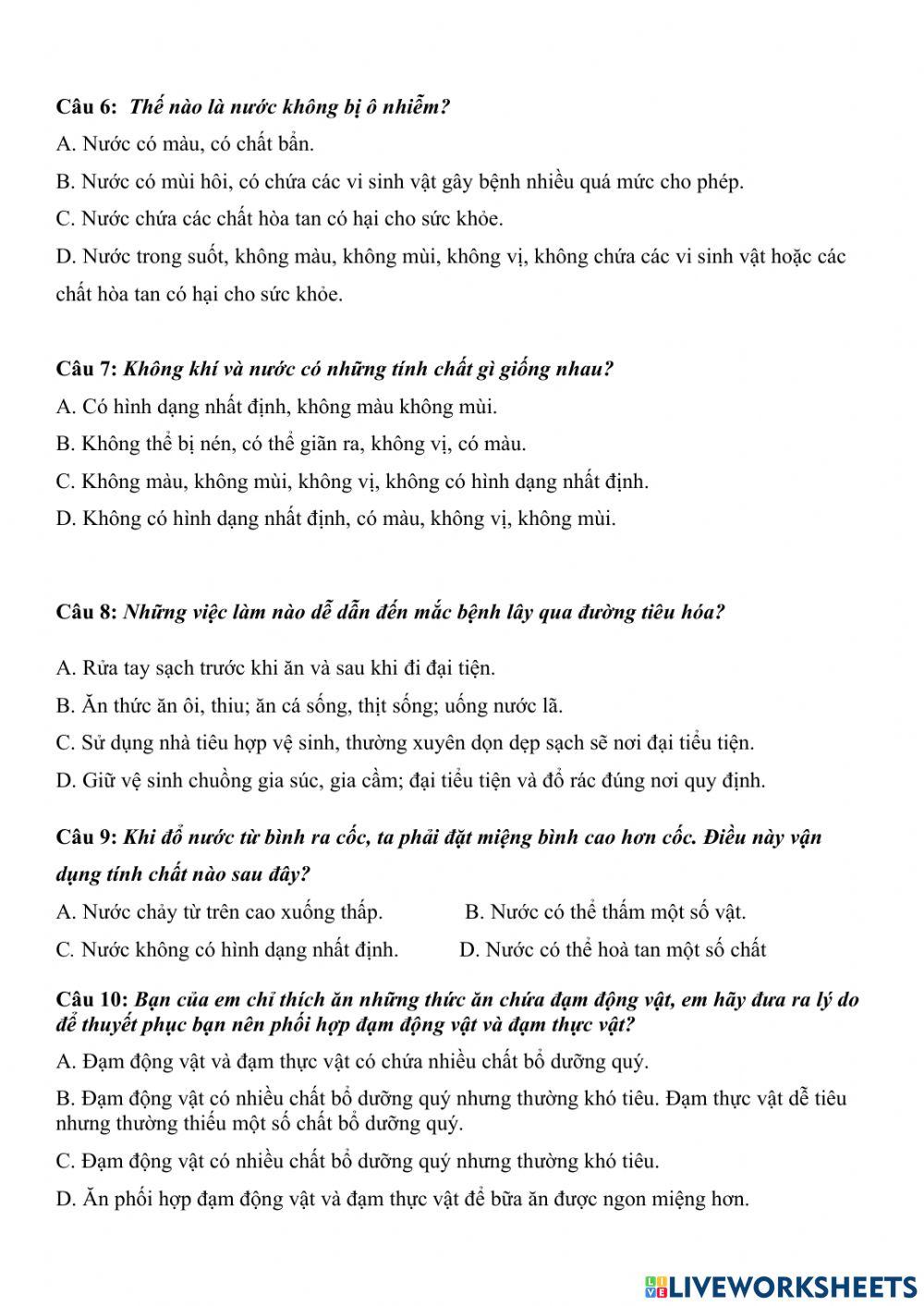 Bài kiểm tra môn Khoa học 4