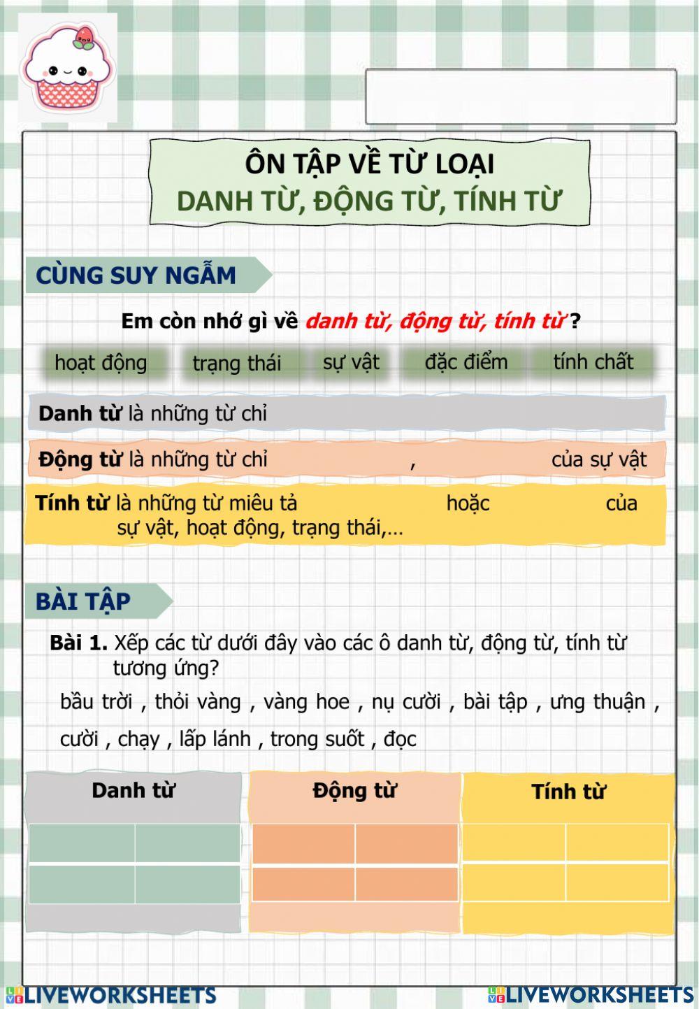 Ôn tập về Danh từ, động từ, tính từ
