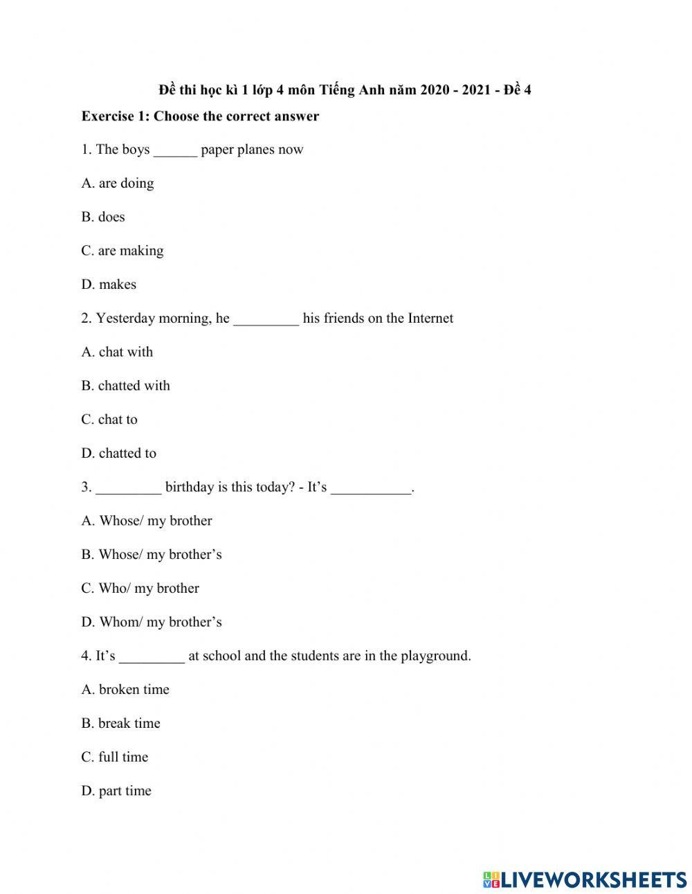 Đề 2- Thi học kì tiếng anh