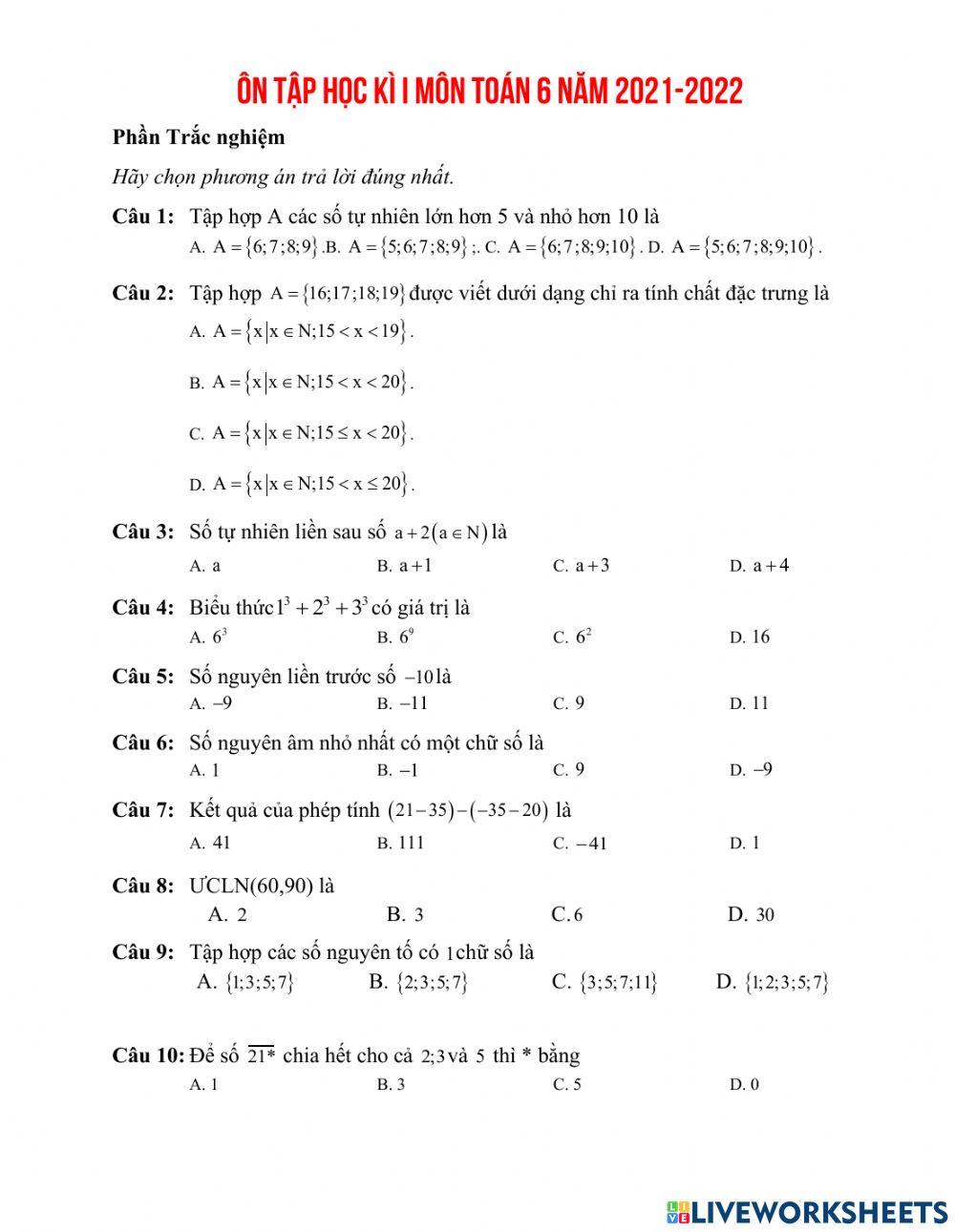Ôn tập toán 6 hki năm 21-22