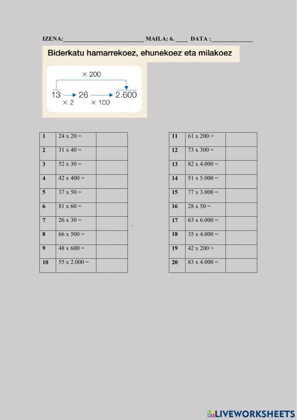 Biderkatu hamarrekoez, ehunekoez eta milakoez