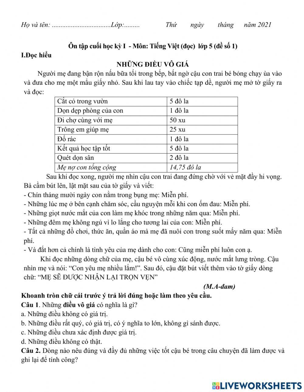 Đề ôn TV học kì 1