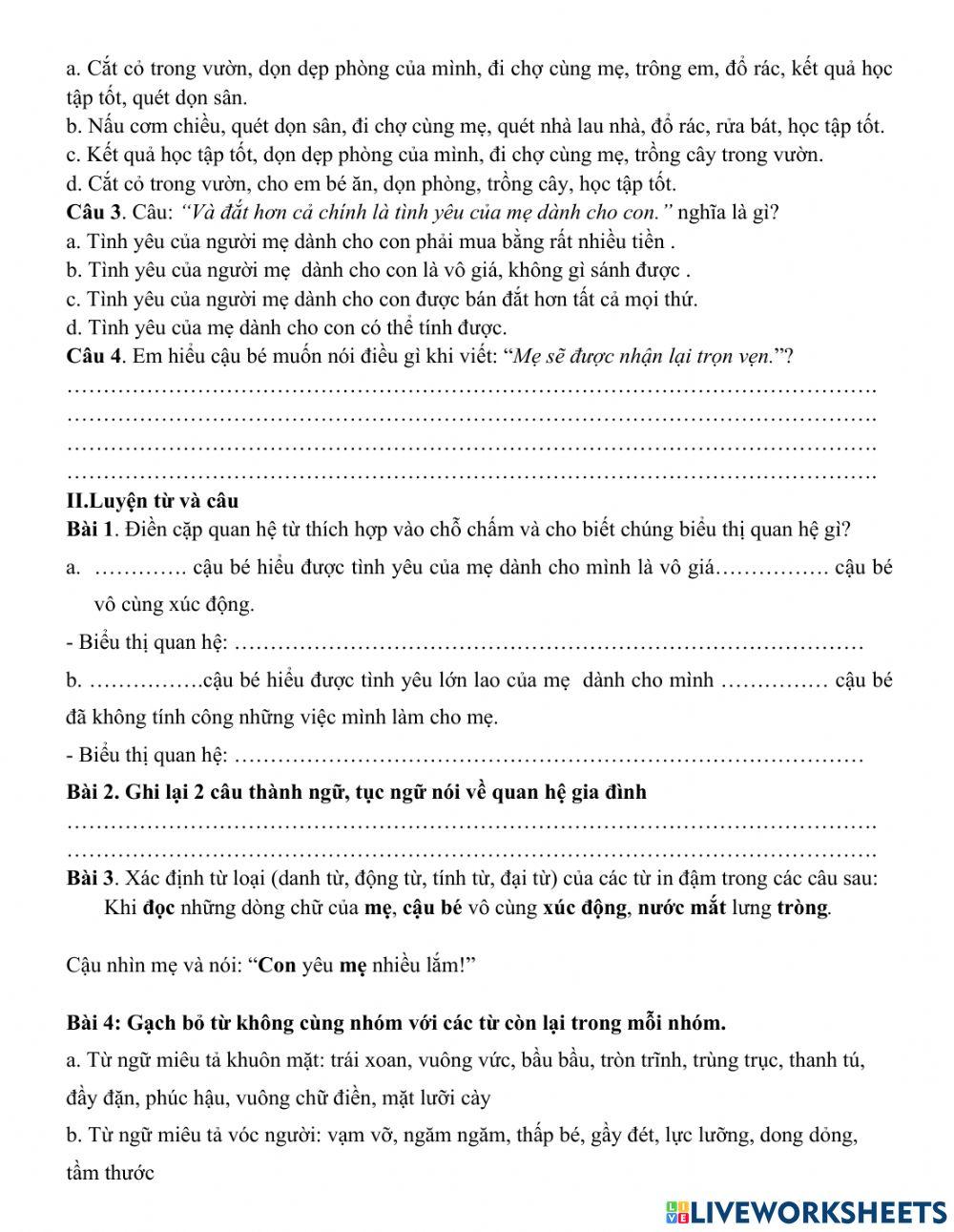 Đề ôn TV học kì 1