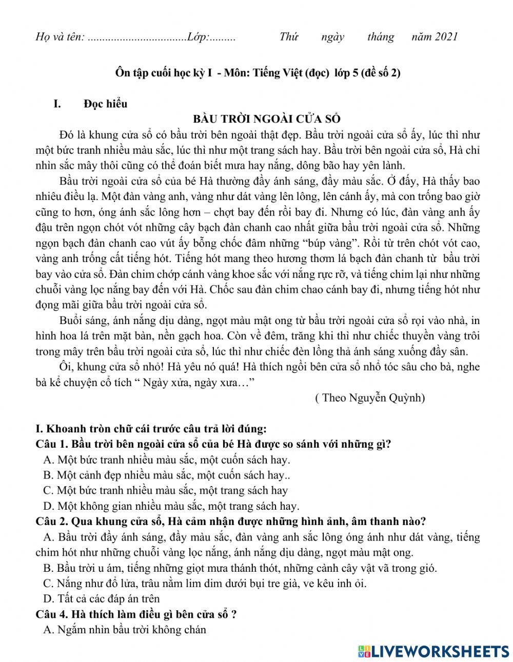 Đề ôn TV học kì 1