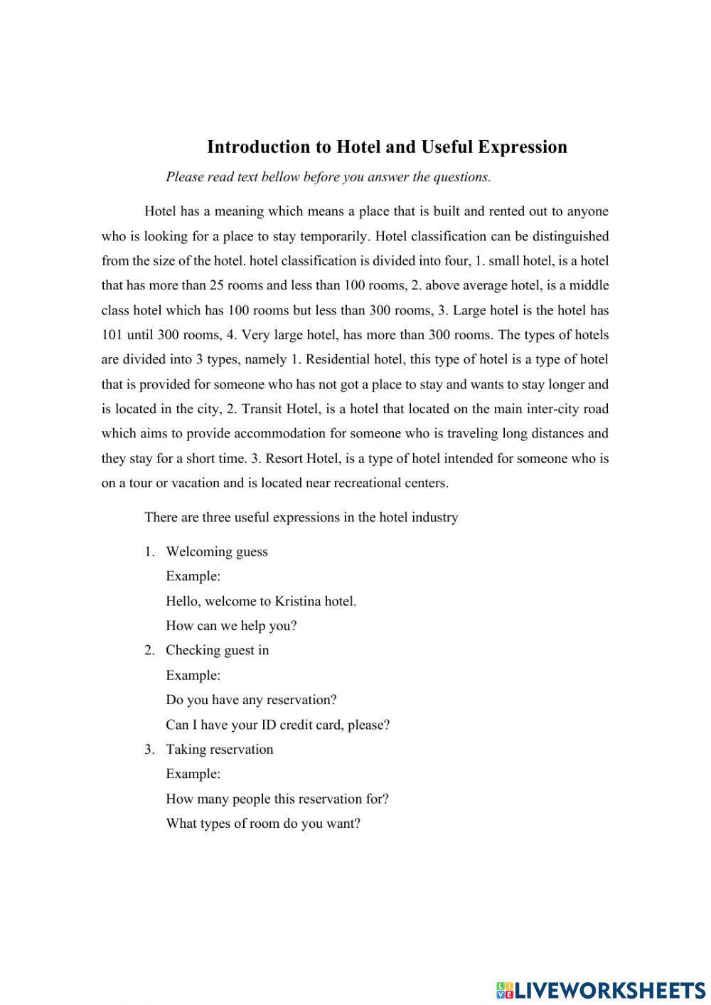 Introduction to Hotel and Useful Expression worksheet | Live Worksheets