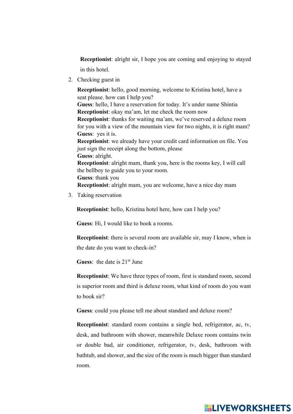 Introduction to Hotel and Useful Expression worksheet | Live Worksheets