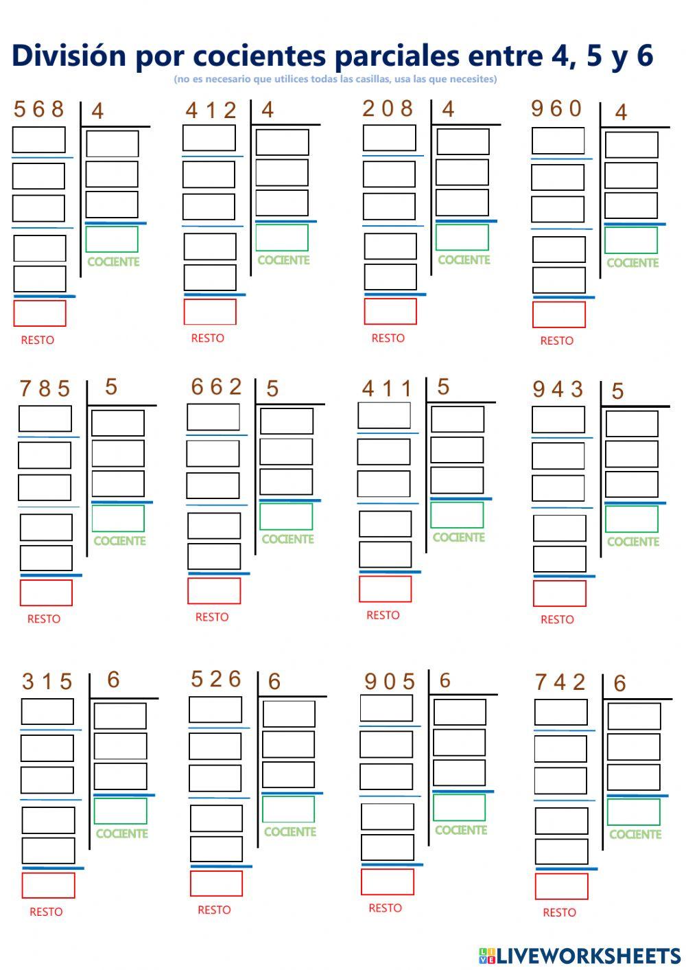 División por cocientes parciales 4,5 y 6