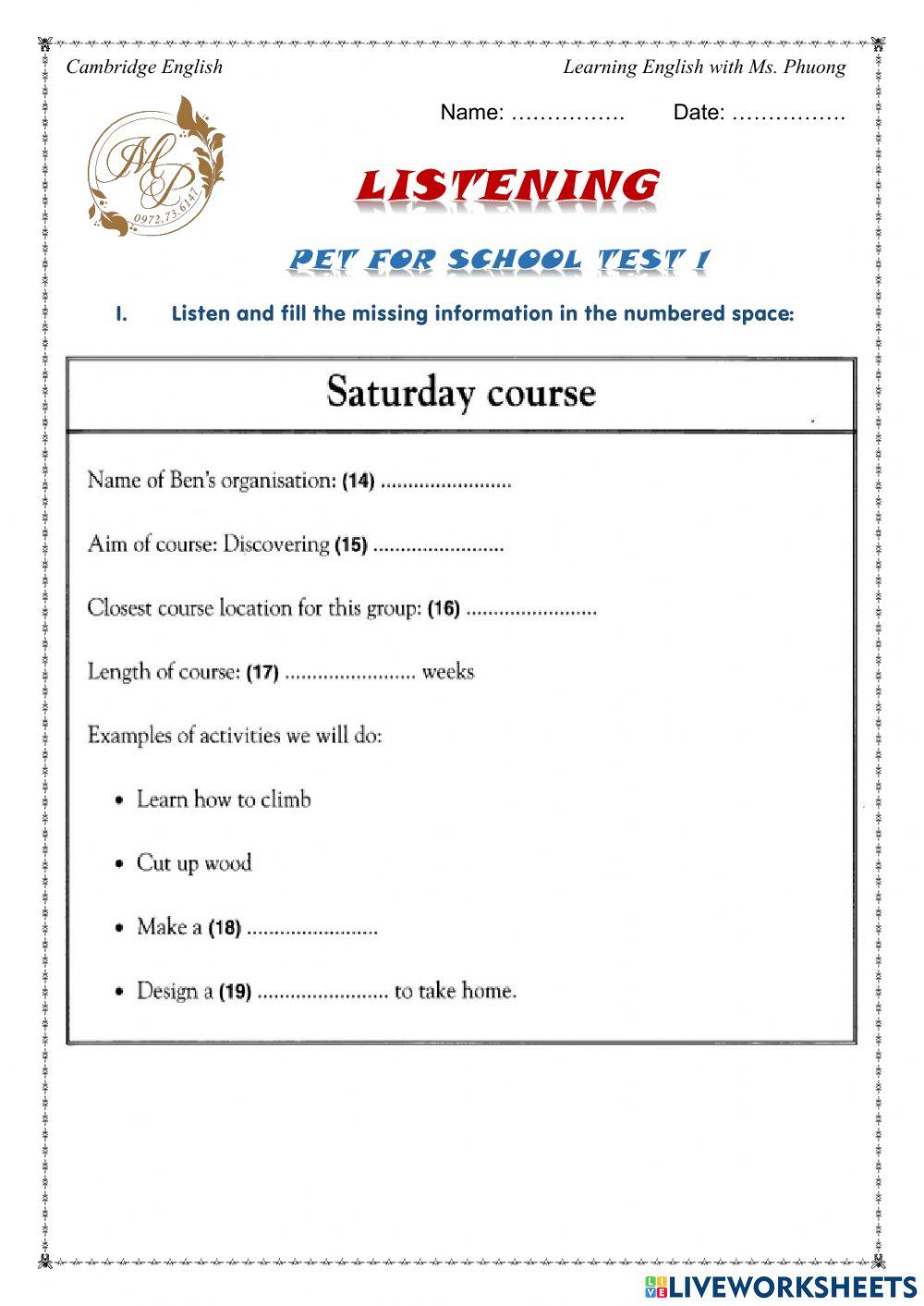 PET for school - Listening - Test 1 - Part 3-4