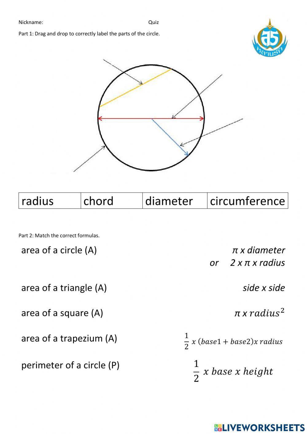 Parts, area, and perimeter of circles
