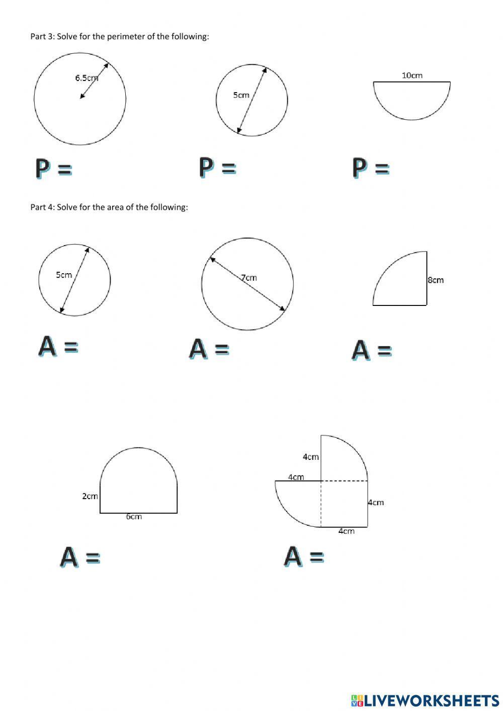 Parts, area, and perimeter of circles