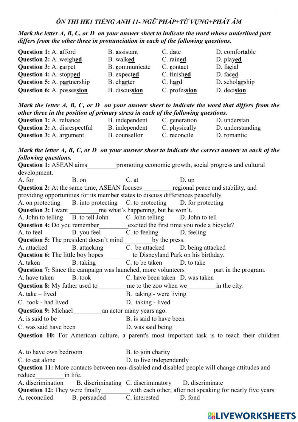 Ôn thi hk1 tiếng anh 11 tv,np,pa