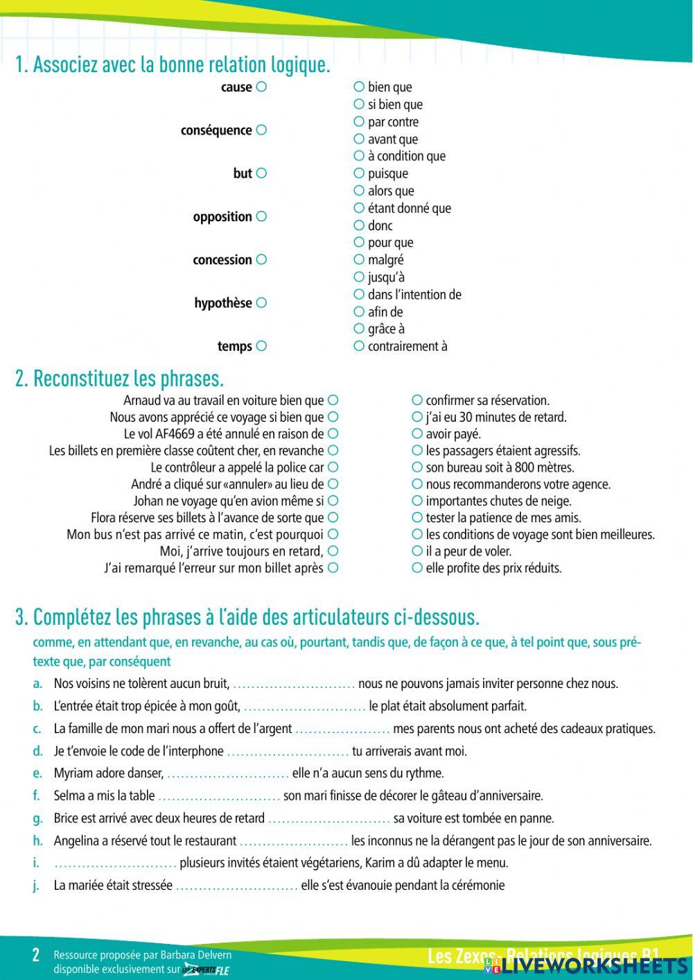 Test grammaire - relations logiques worksheet | Live Worksheets