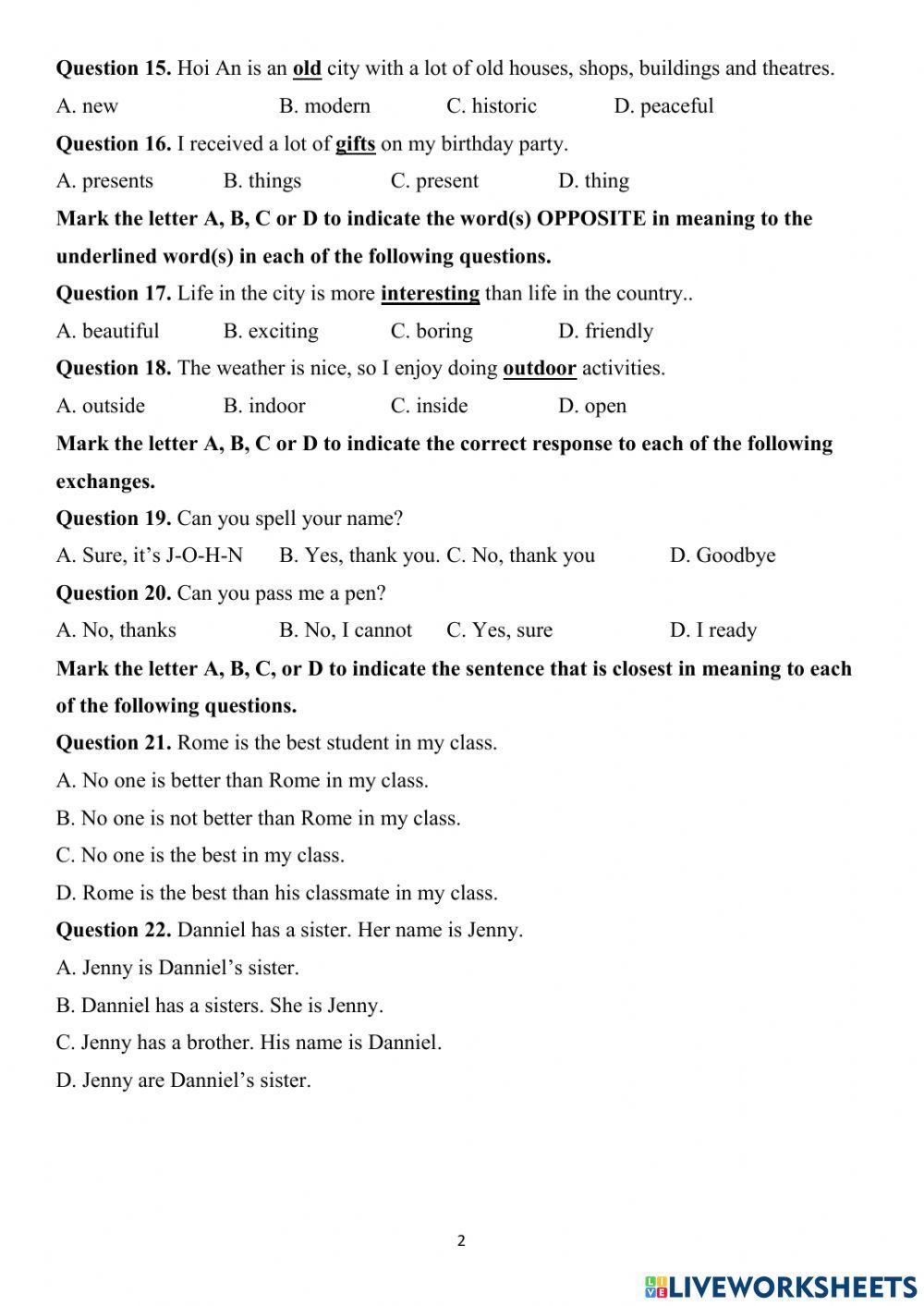 First Semester Test - Grade 6 - Sample 2