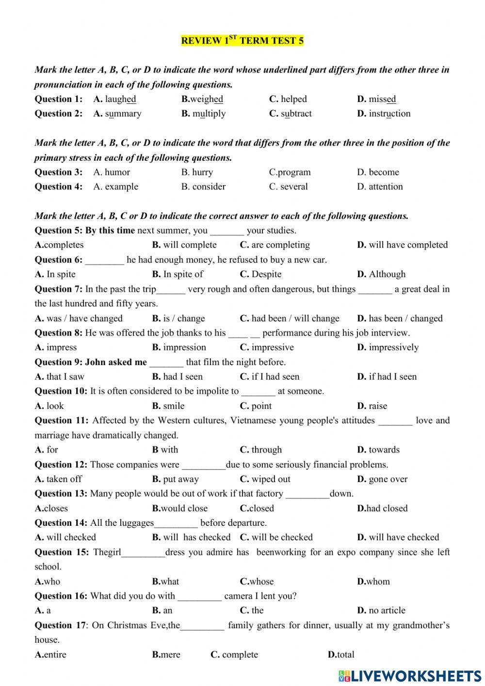 Review 1st term Test 5- Grade 12