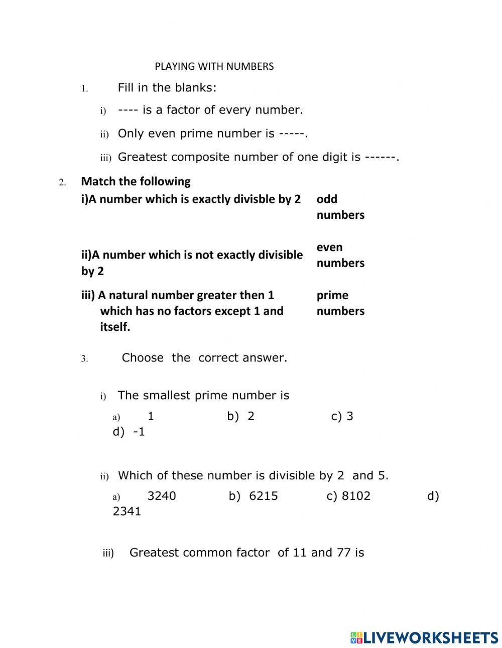 Worksheet (playing with numbers)