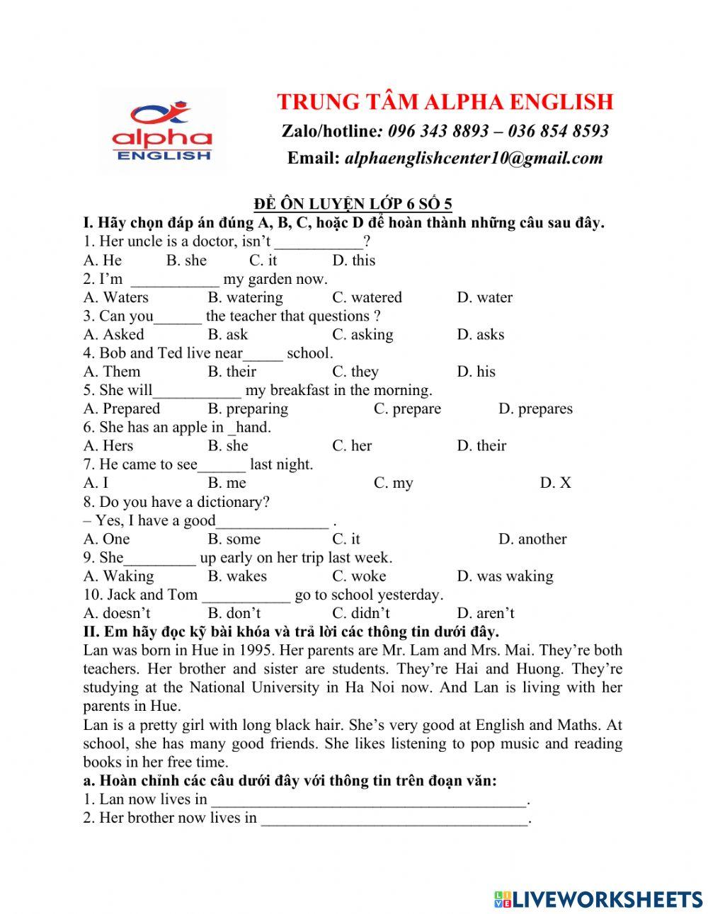 Đề ôn luyện lớp 6 số 5