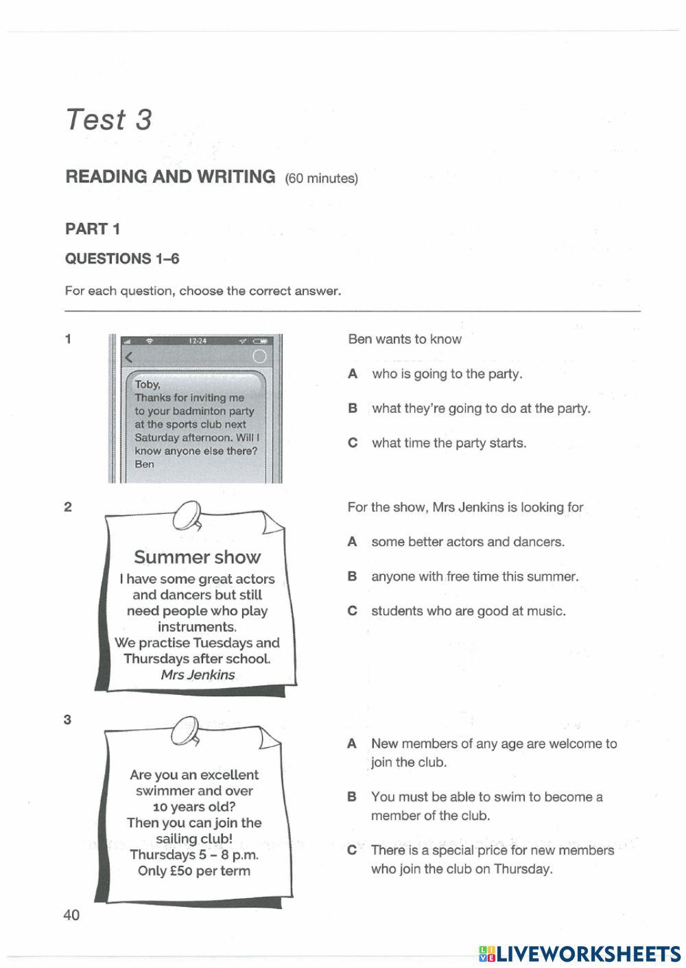 Key for schools 1 a2 reading test 3 2654974
