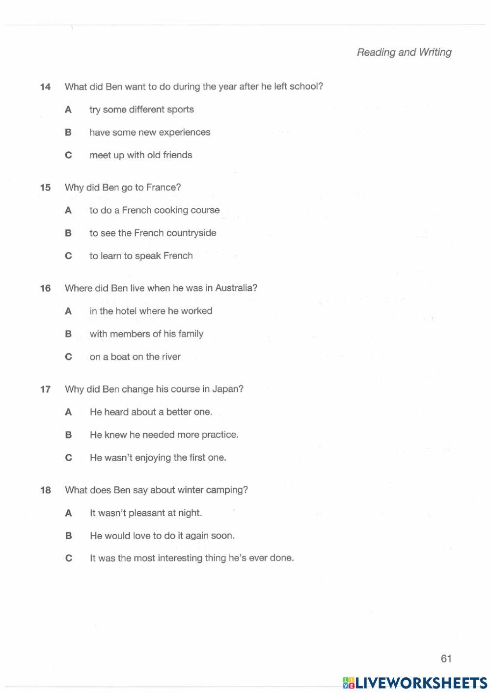 A2 Reading Test