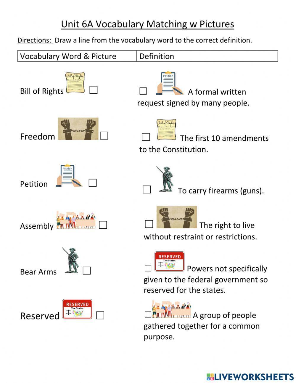 Unit 6A Bill of Rights Vocabulary Matching with Pictures
