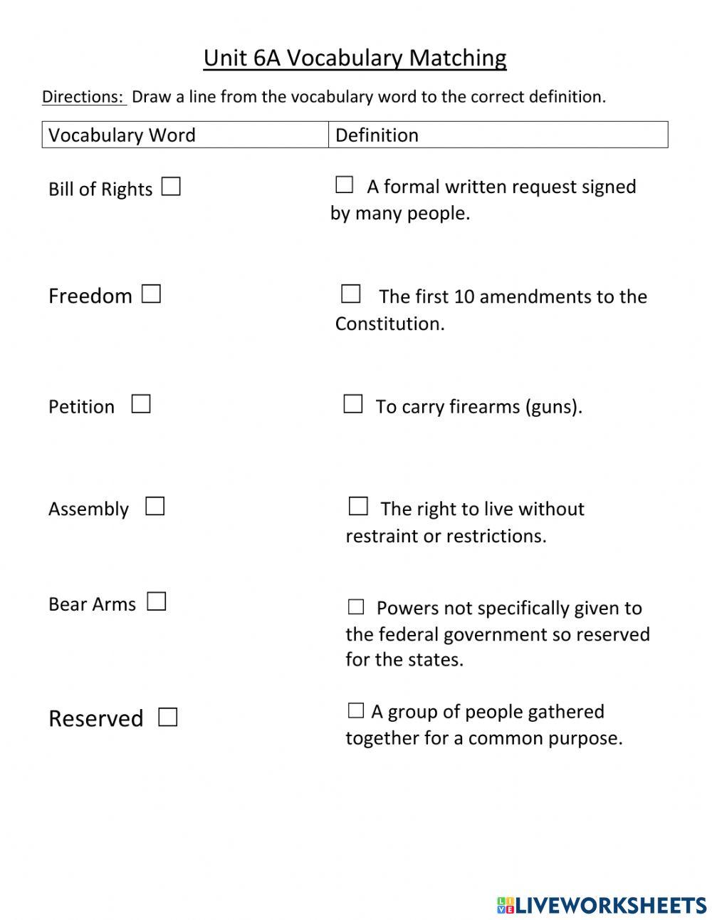 Unit 6A Bill of Rights Vocabulary Matching