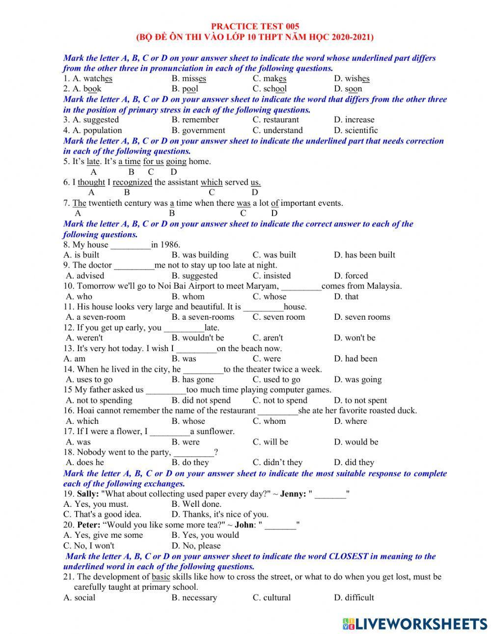 Ôn thi vào 10 - đề 5- 40 tn - 20 - 21