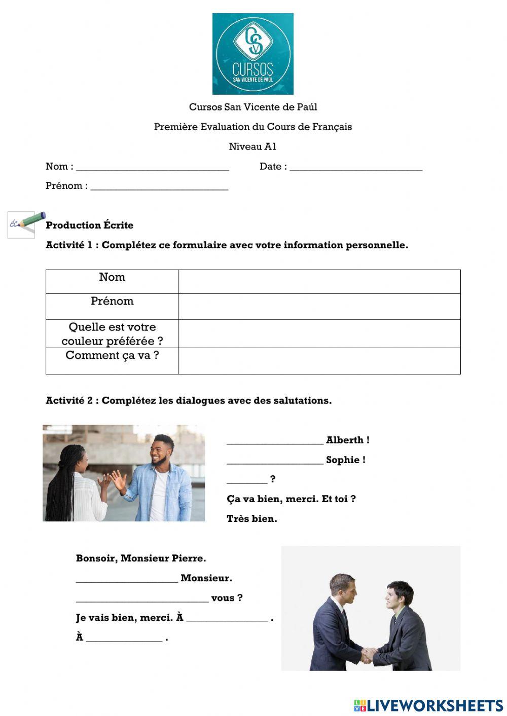 Premiere Evaluation - CURSOS SAN VICENTE DE PAÚL - FRANCAIS A1