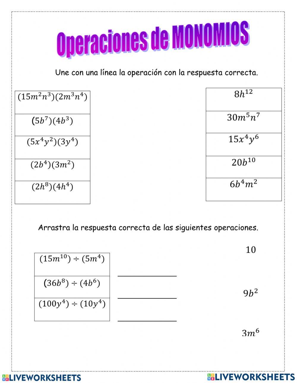 Worksheet Division De Monomios