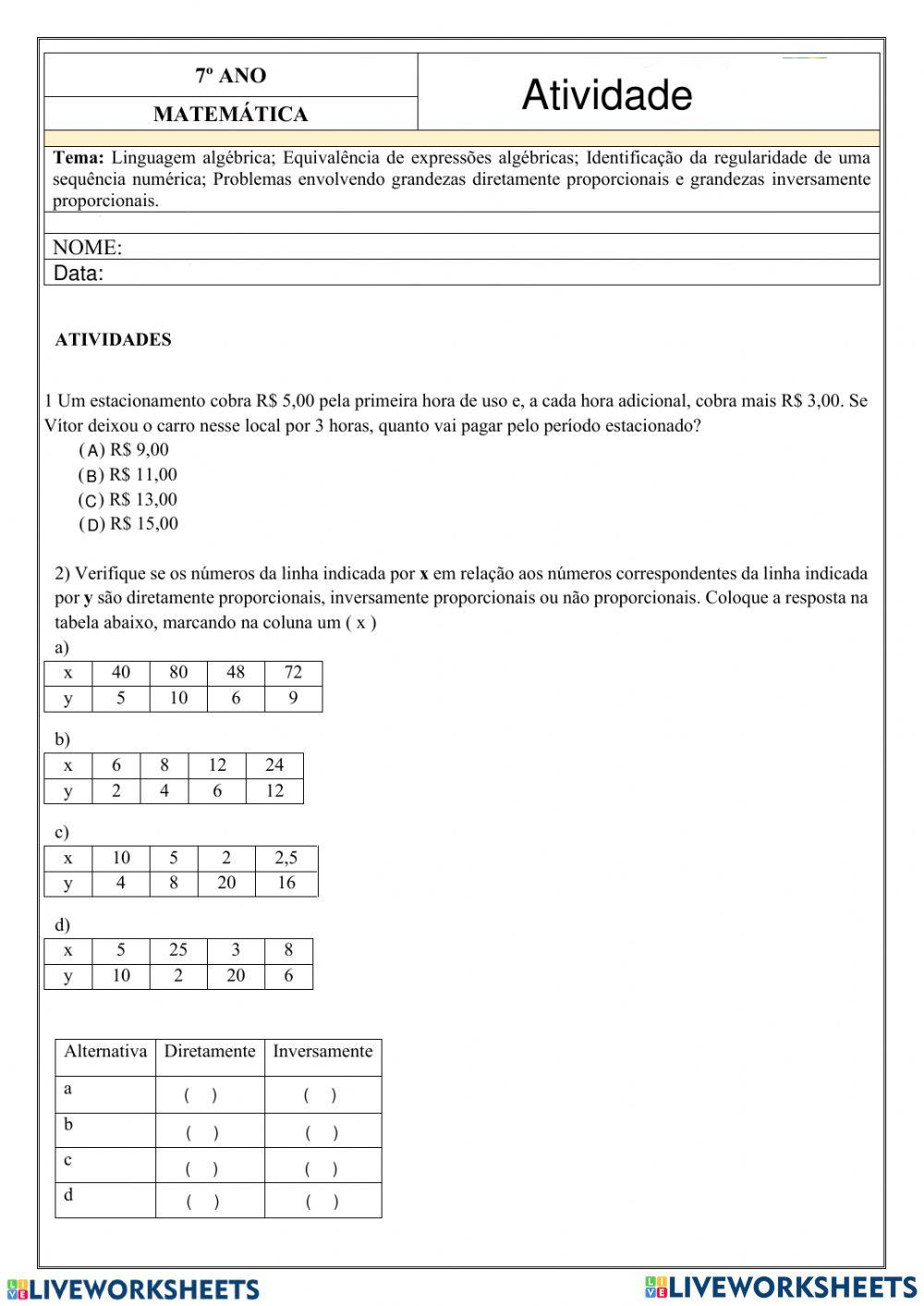 Grandezas diretamente e inversamente proporcionais - 6