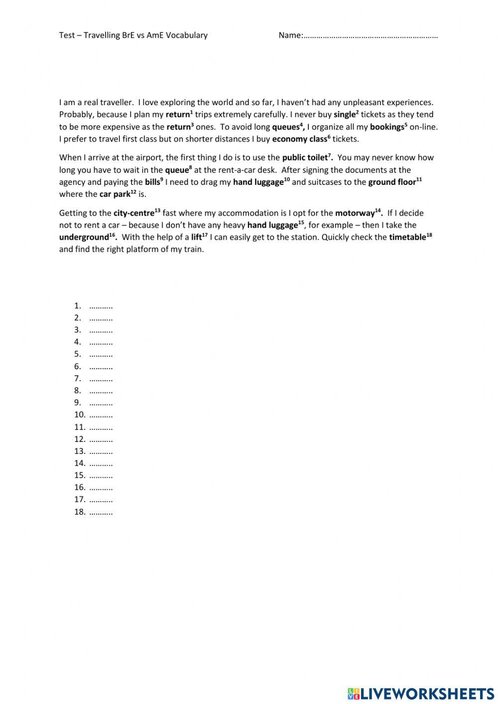 Travelling - BrE vocabulary vs AmE