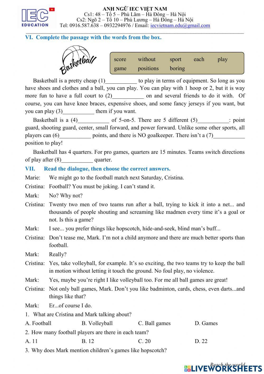 Unit 8 :Grade 6 : Sports And Games