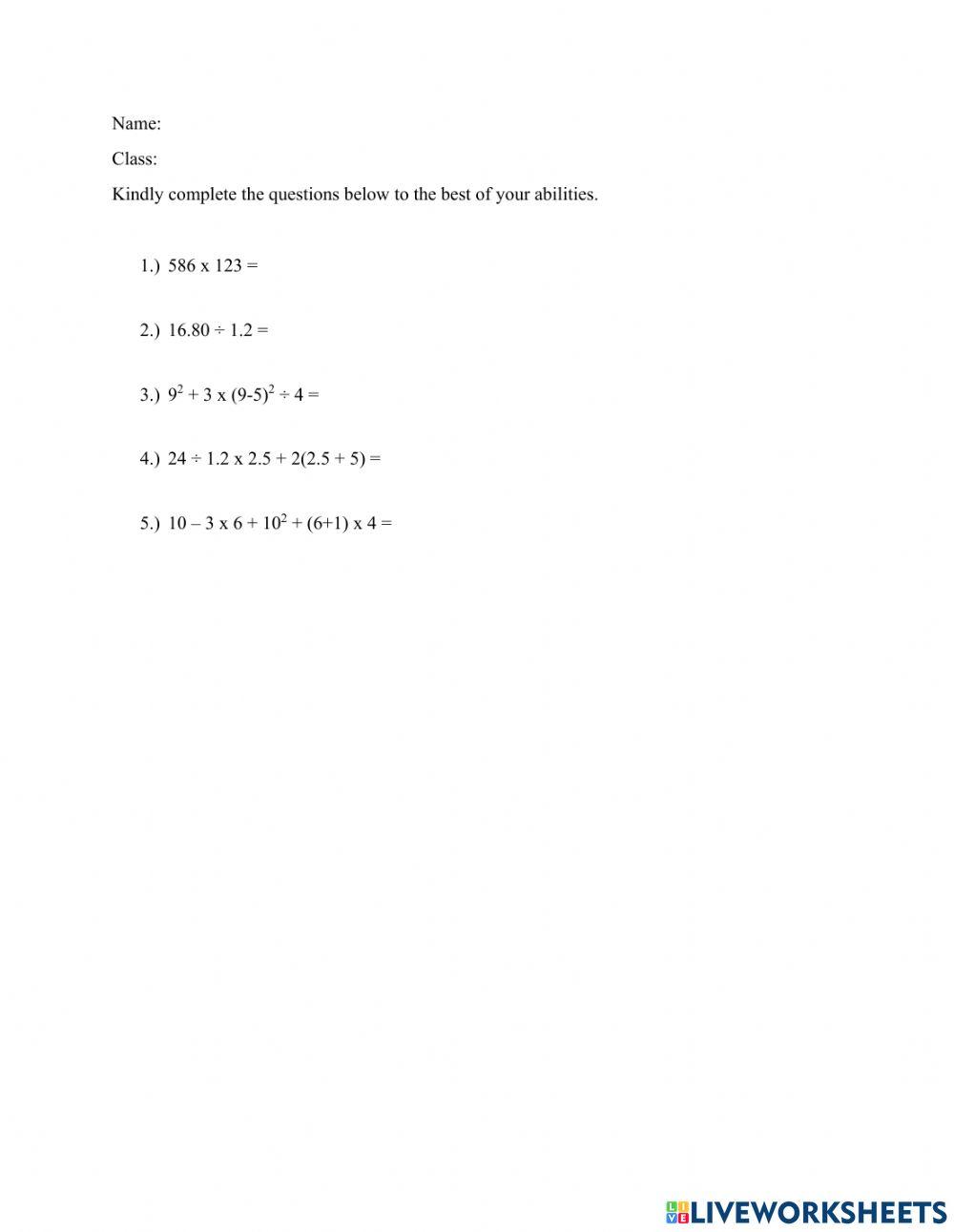 Order of Operations online exercise for | Live Worksheets