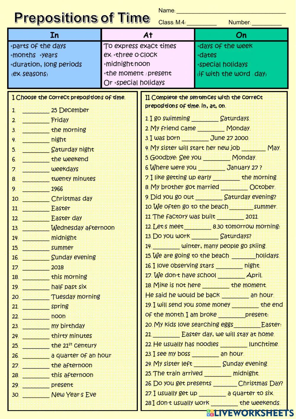 Prepositions of Time: in, on, at