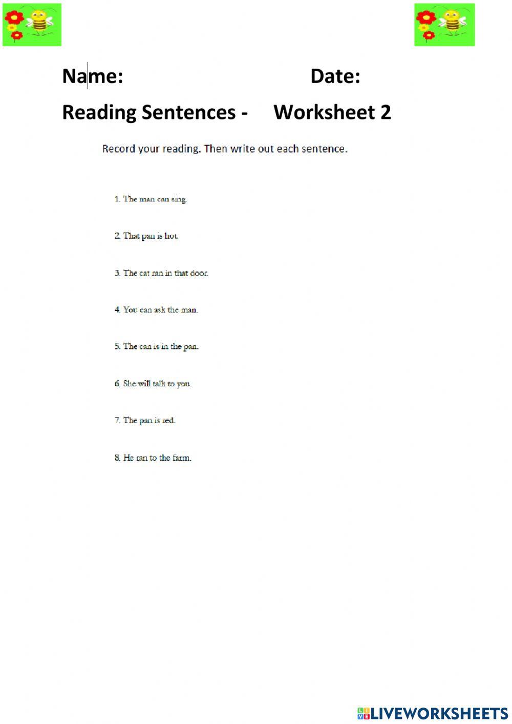 Reading Sentences Worksheet 2-Week 2