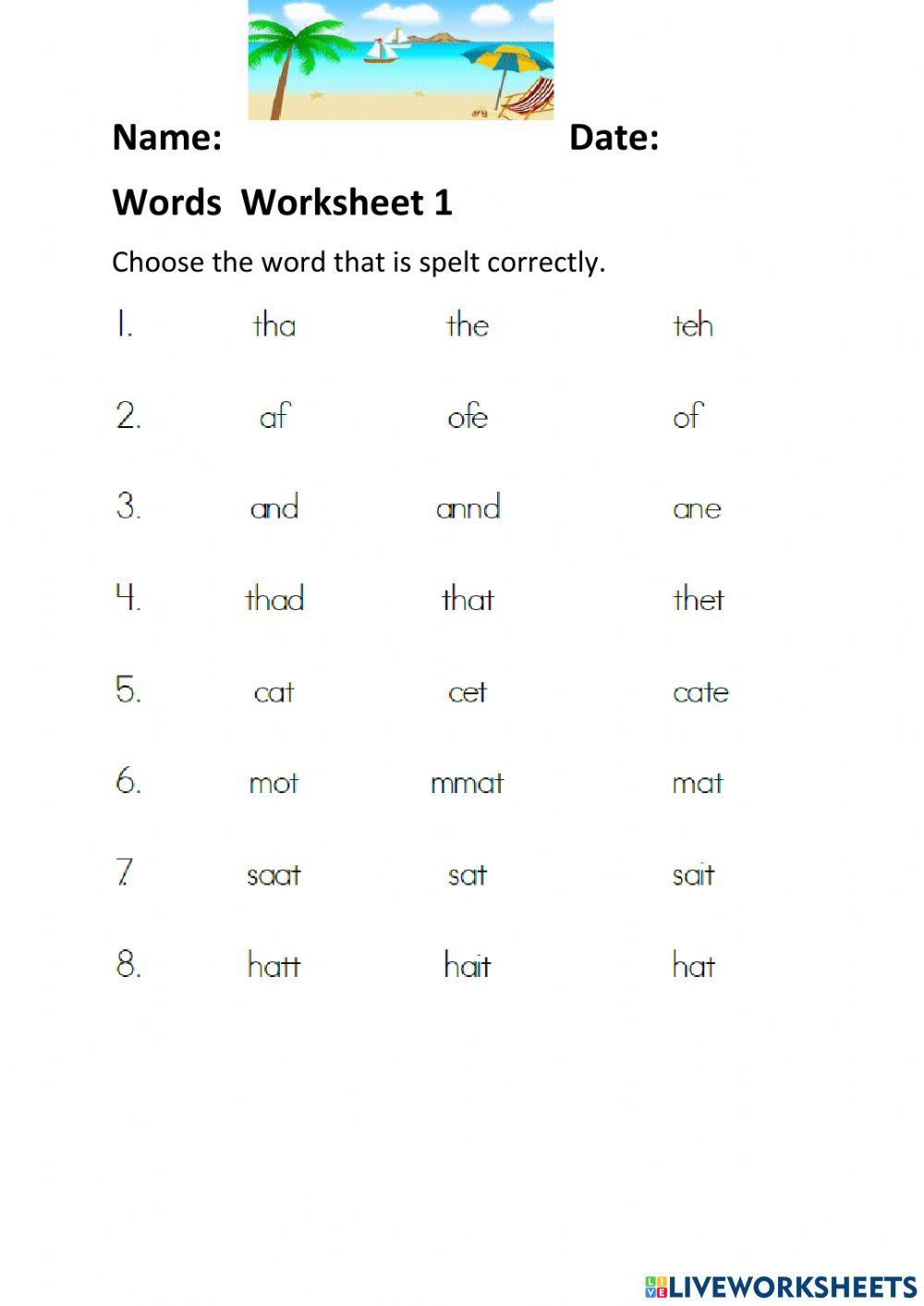 Words worksheet 1-Week 1