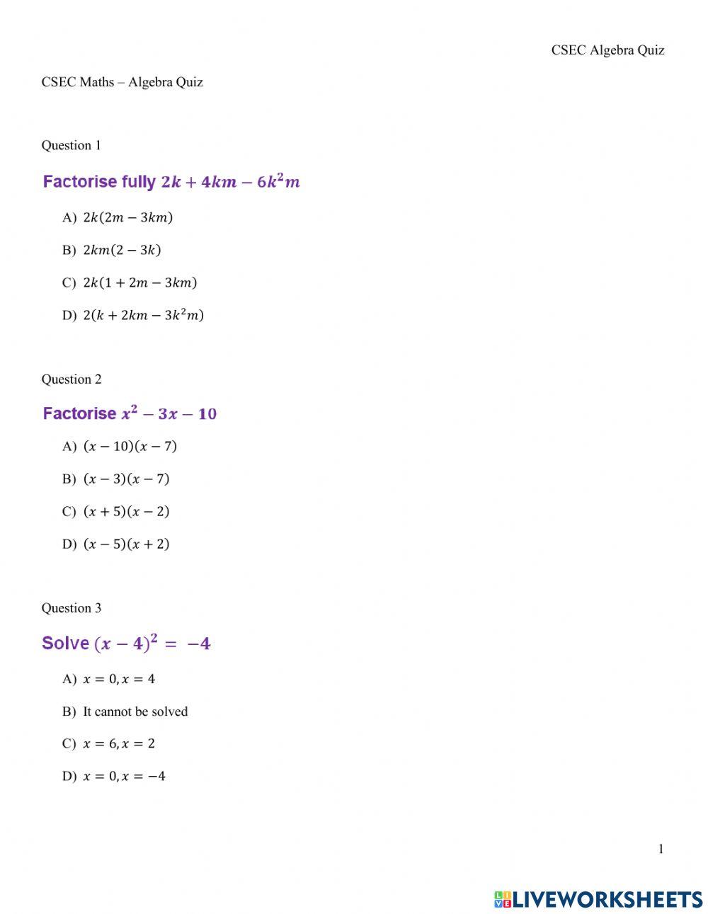 CSEC Algebra Quiz 6792213 | jpersaud | Live Worksheets