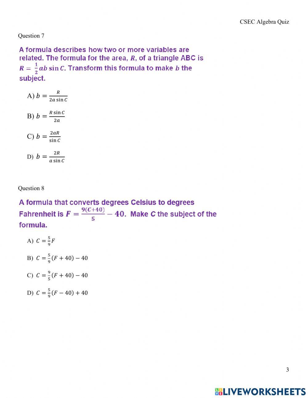 CSEC Algebra Quiz