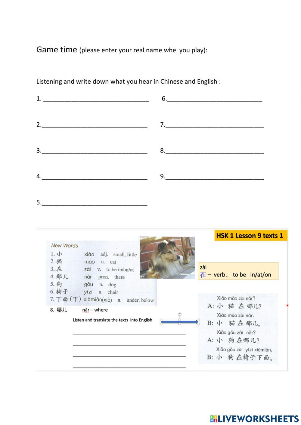 HSK 1 Lesson 9 Text 1 worksheets (e)