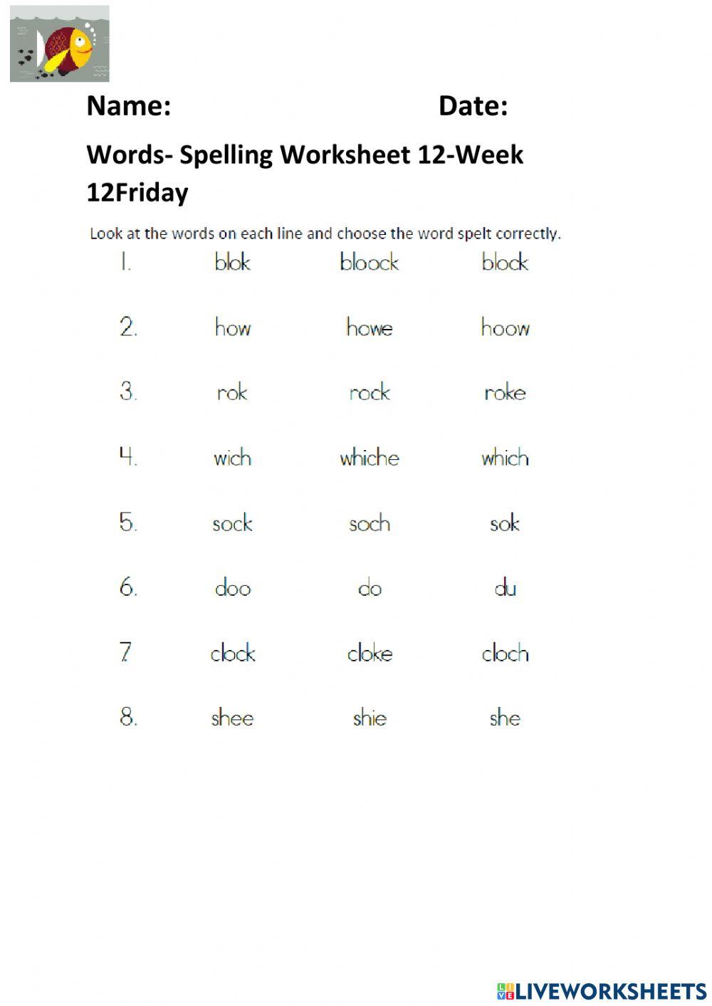 Words Spelling Worksheet 12 week 12 Friday