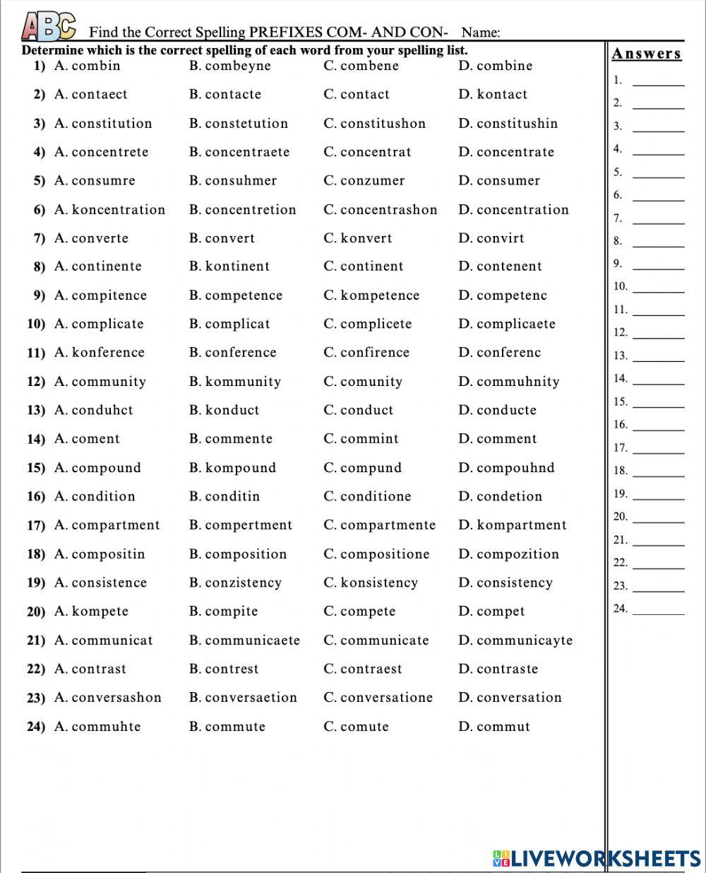 Prefixes com- & con- interactive worksheet | Live Worksheets