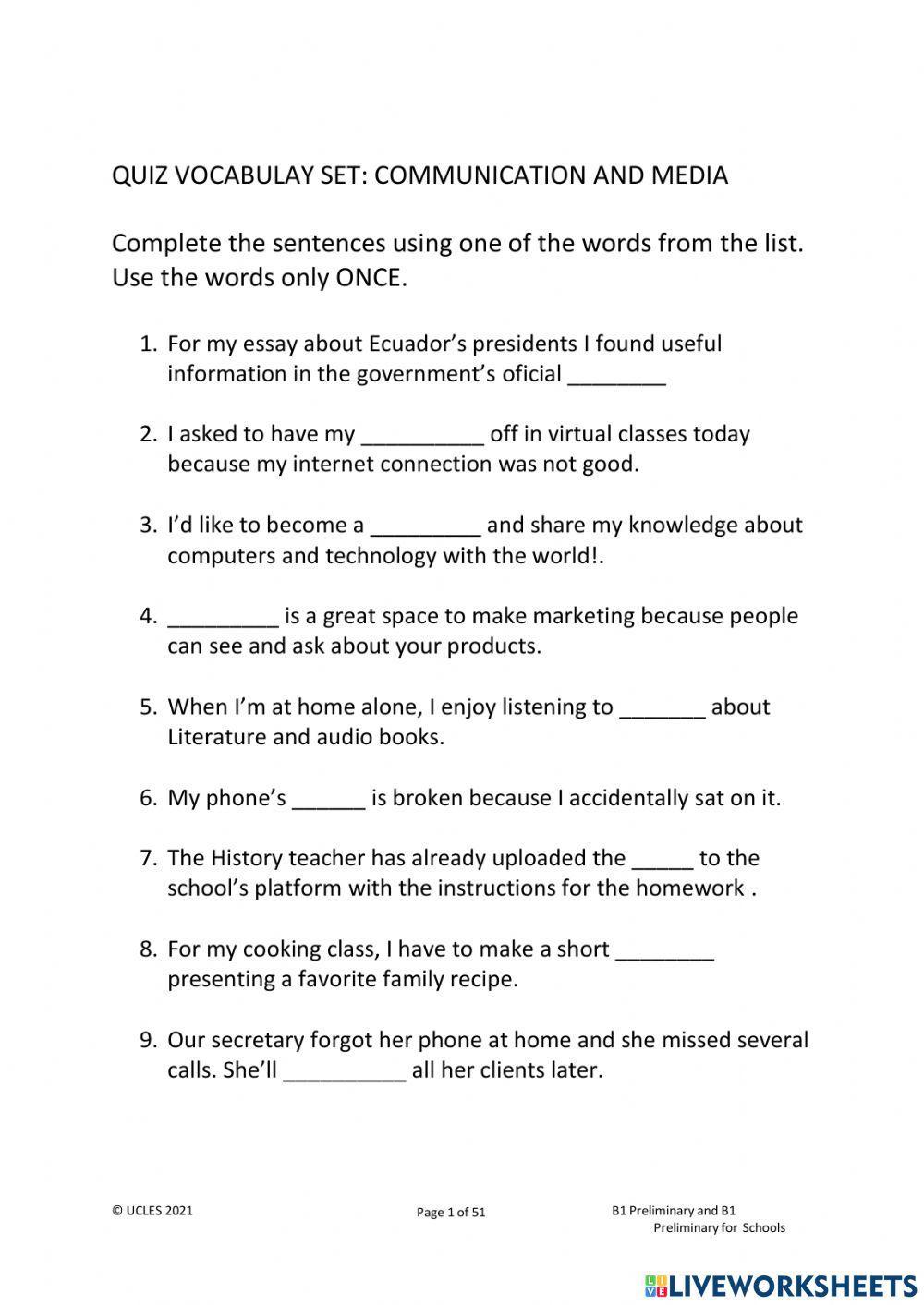 Vocabulary set: communication and media B1 level