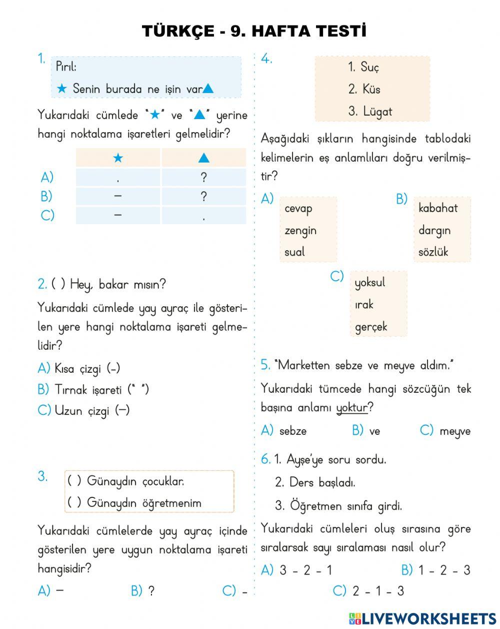 Türkçe 9-Hafta Test